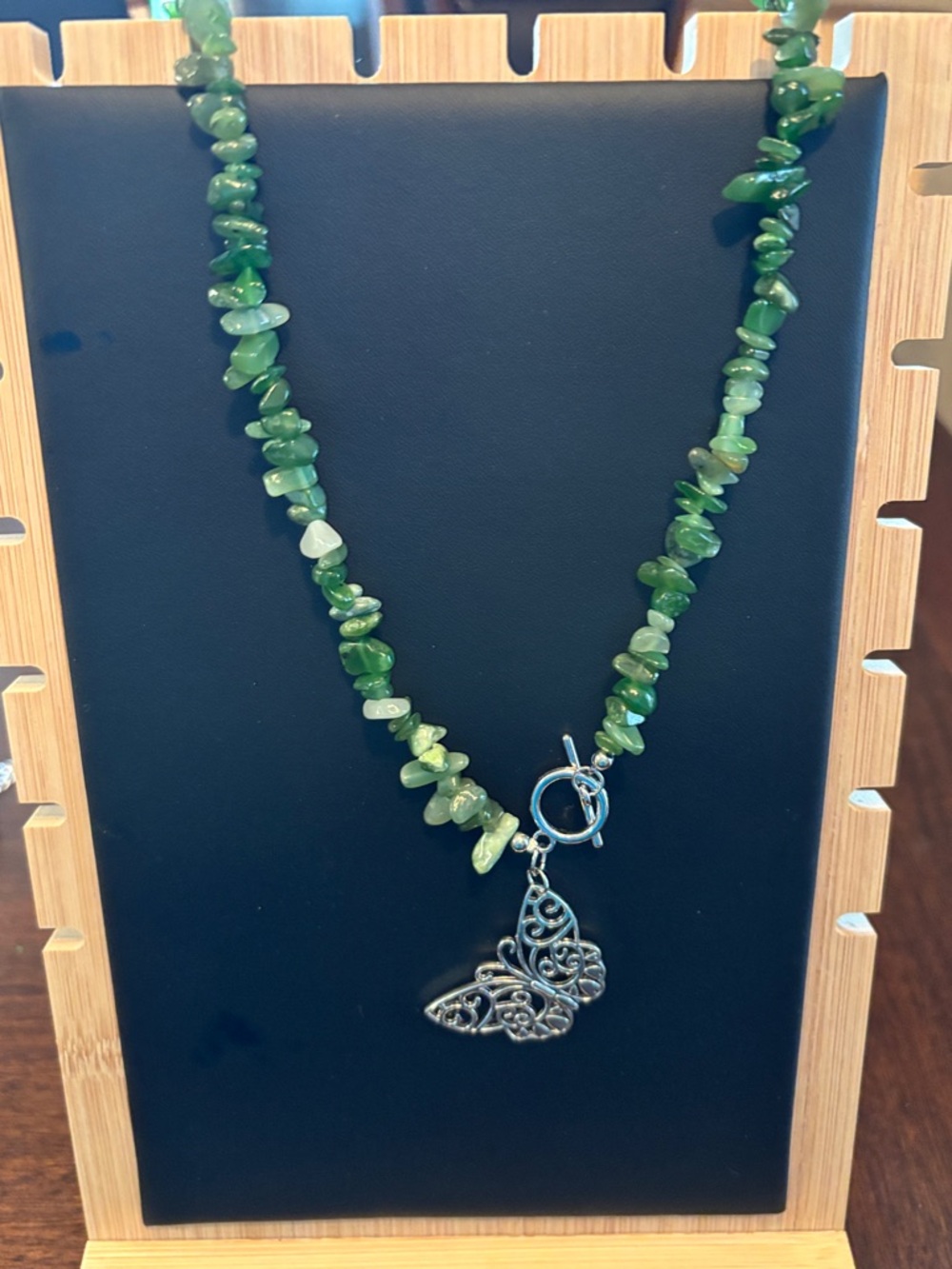 Green Chip Bead Necklace with Silver Butterfly Pendant - Unbranded
